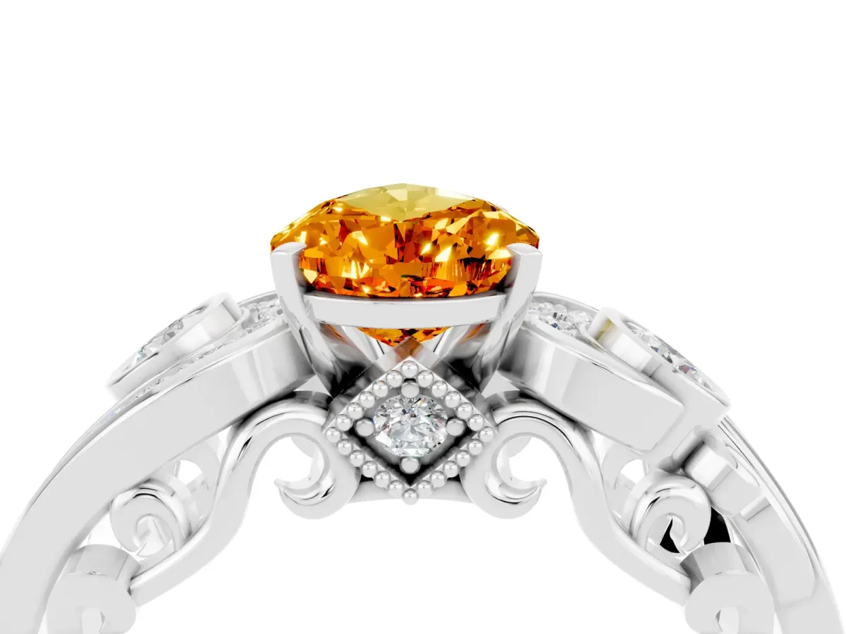 Pear Cut Citrine Solitaire Ring with Milgrain Pavé Band and Four-Prong Setting Silver