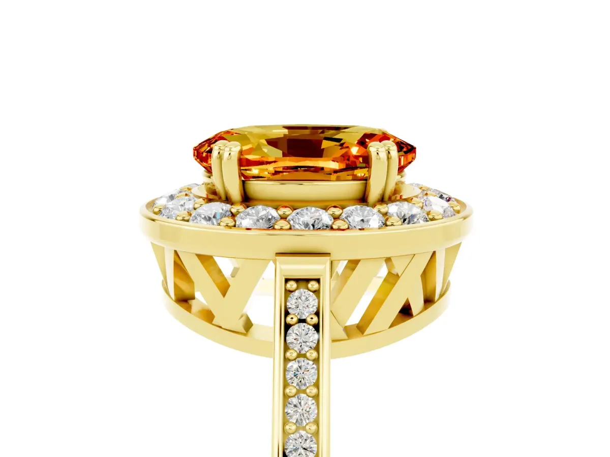 Oval Cut Citrine Halo Ring with Split Shank and Four-Prong Setting Yellow gold