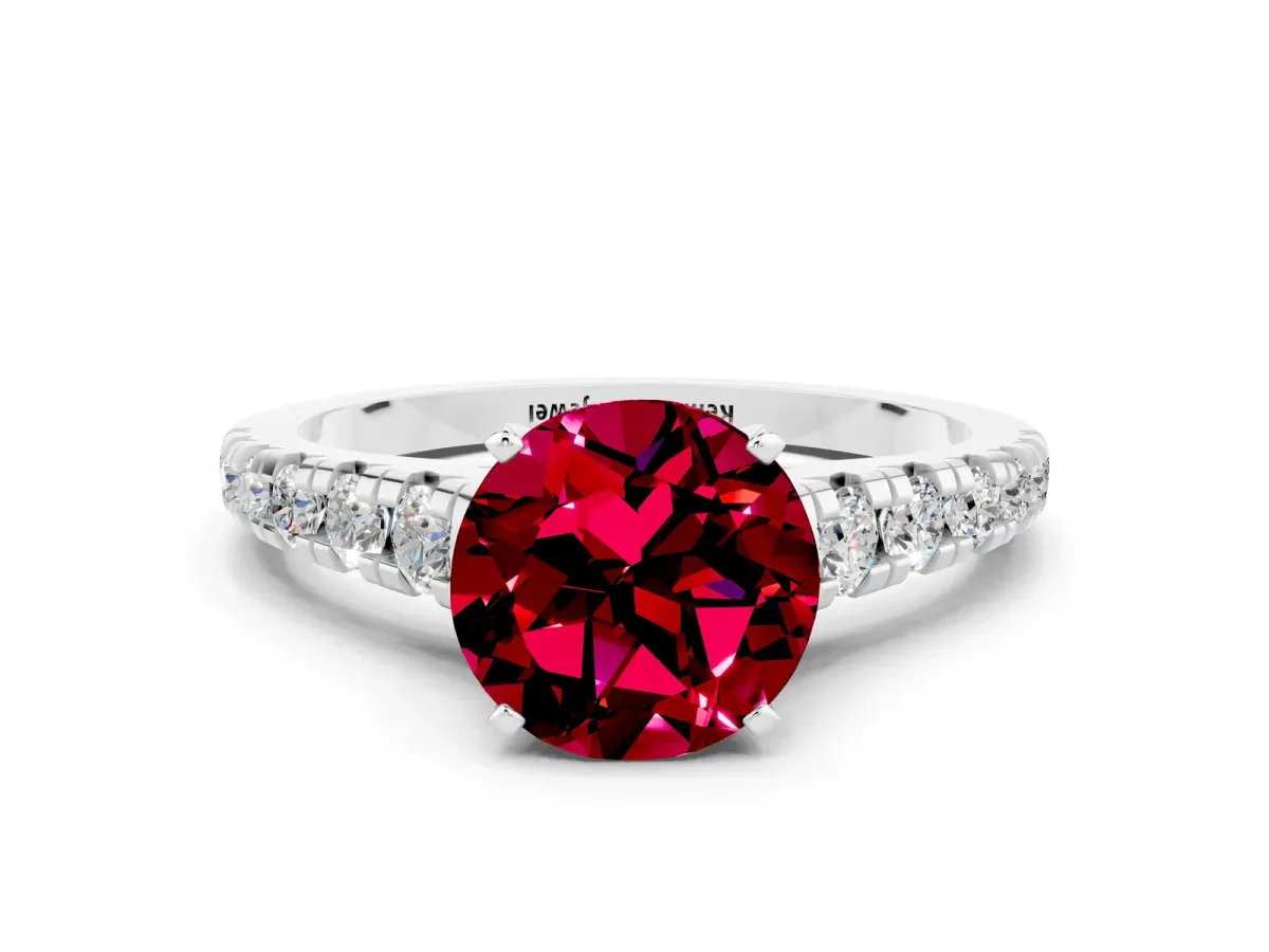 Round Cut Garnet Cathedral Solitaire Ring with Round Pavé Band Platinum