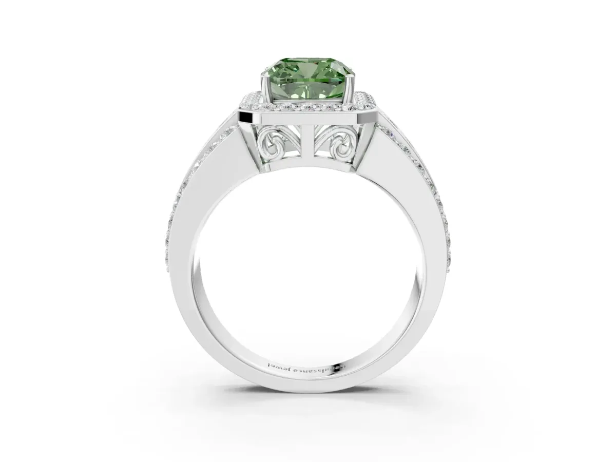 Fancy Green Cushion Cut Halo Diamond Ring with Round Split Shank and Prong Setting Platinum