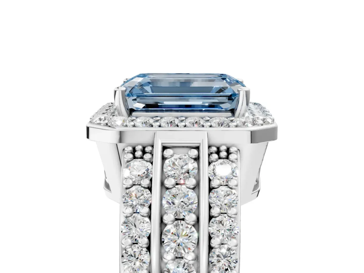 Fancy Blue Emerald Cut Halo Diamond Ring with Round Split Shank and Prong Setting Silver