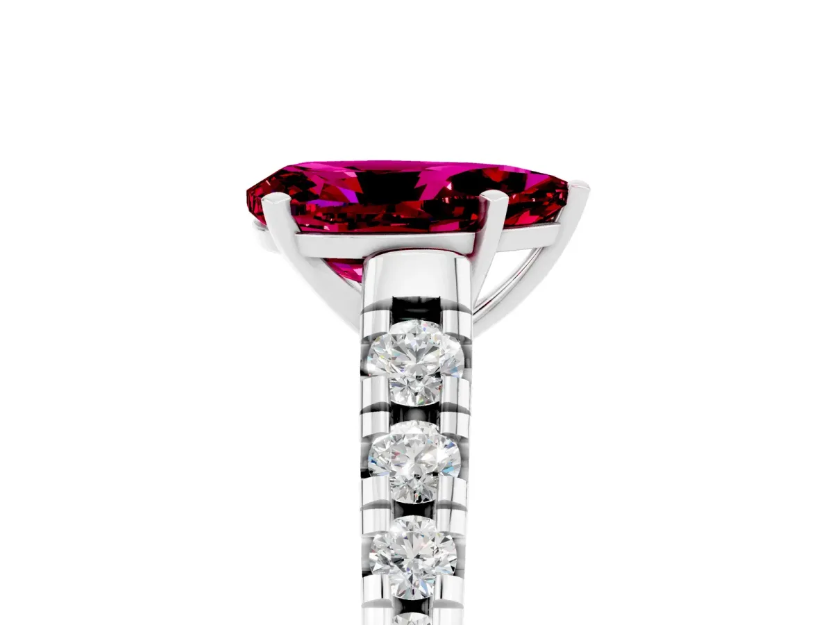 Pear Cut Garnet Cathedral Solitaire Ring with Round Pavé Band Silver