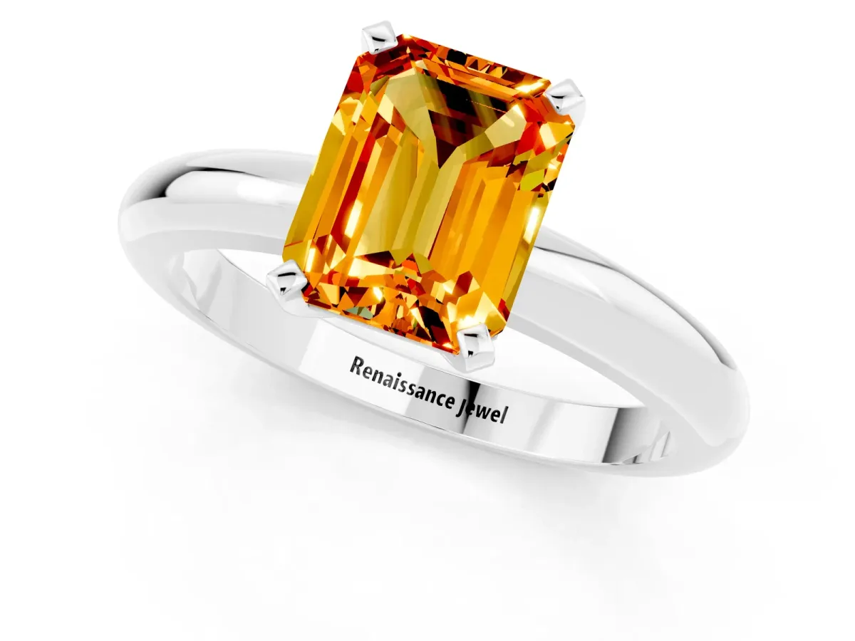 Emerald Cut Citrine Solitaire Engagement Ring with Round Band and Four-Prong Setting Silver