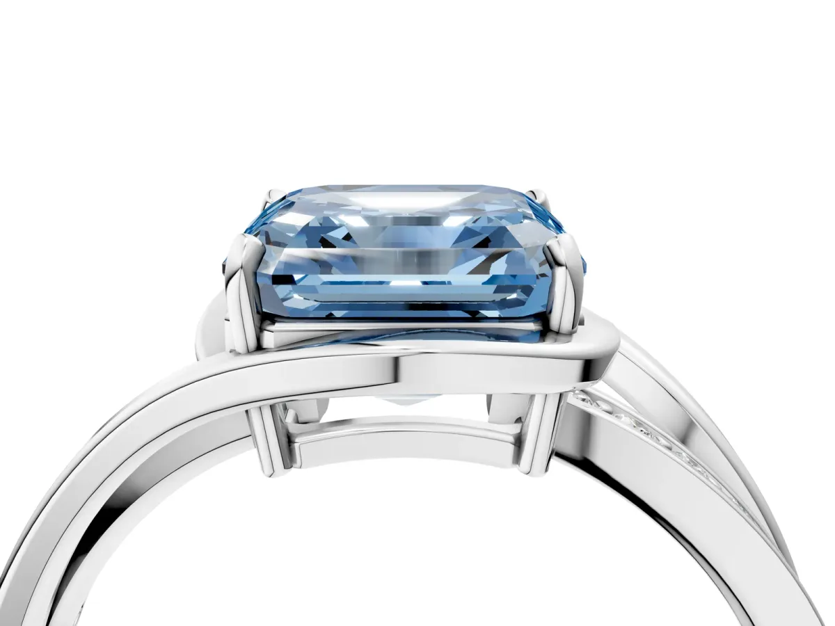 Fancy Blue Asscher Cut Diamond Solitaire Ring with Split Shank and Prong Setting Platinum