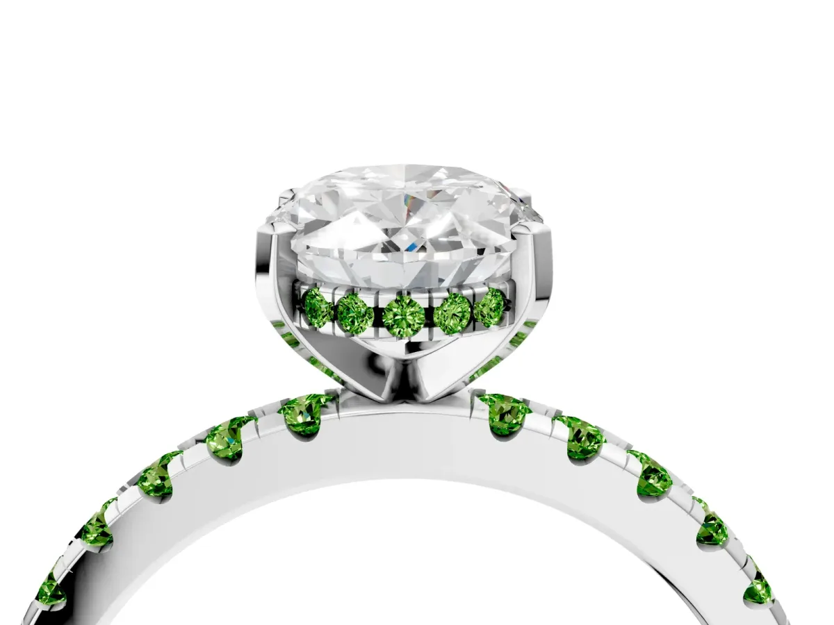 Oval Cut Diamond Solitaire Ring with Round Peridot Pavé Band and Four-Prong Setting Silver
