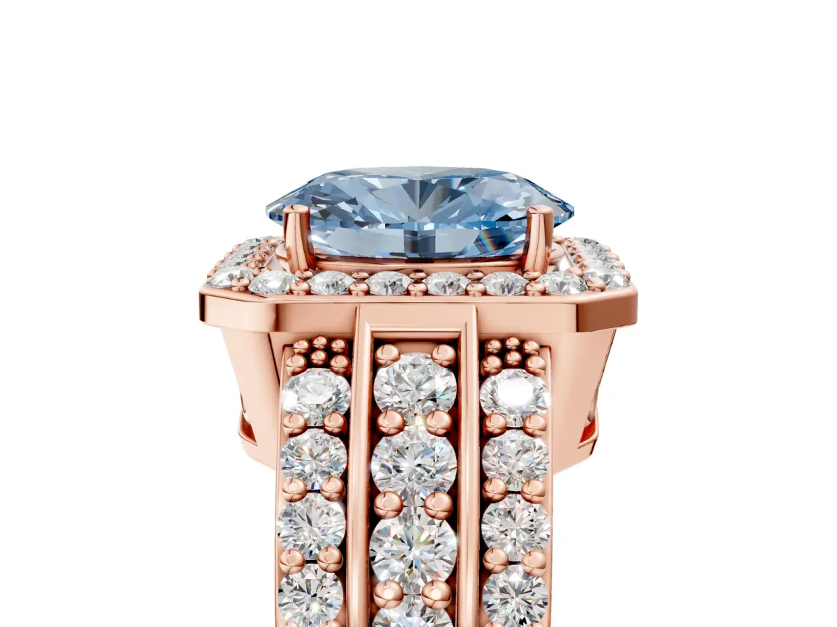 Fancy Blue Oval Cut Halo Diamond Ring with Round Split Shank and Prong Setting Rose gold