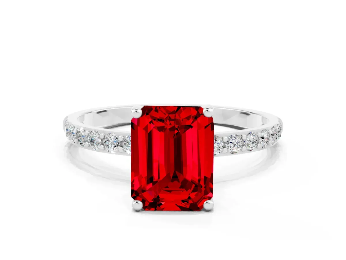 Emerald Cut Ruby Solitaire Ring with Round Pavé Band and Prong Setting Platinum