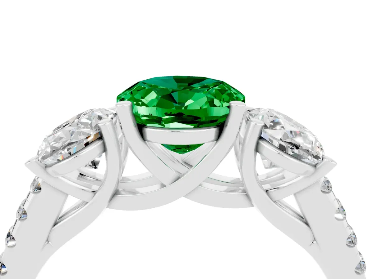 Three-Stone Oval Cut Emerald Ring with Round Pavé Band and Prong Setting Platinum