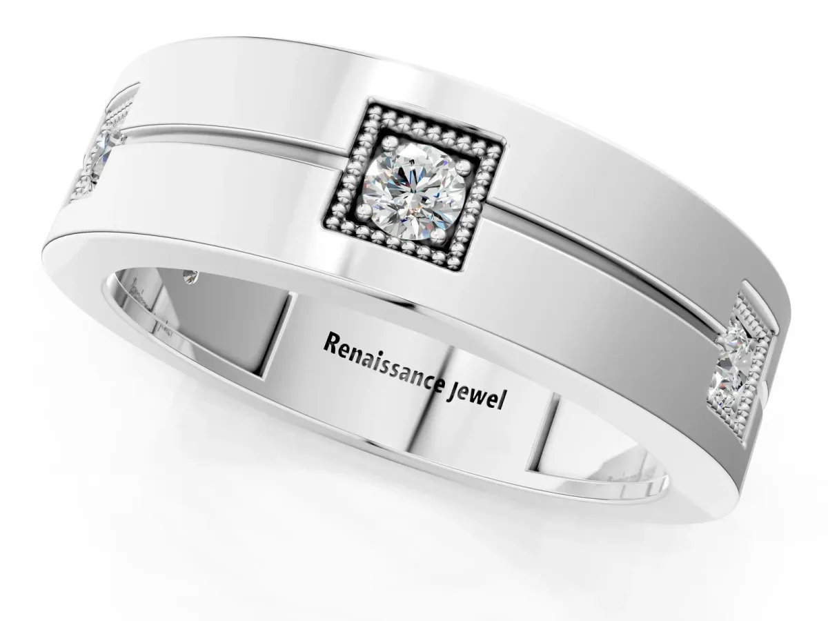 Round Diamond Square Station Mens Band Silver