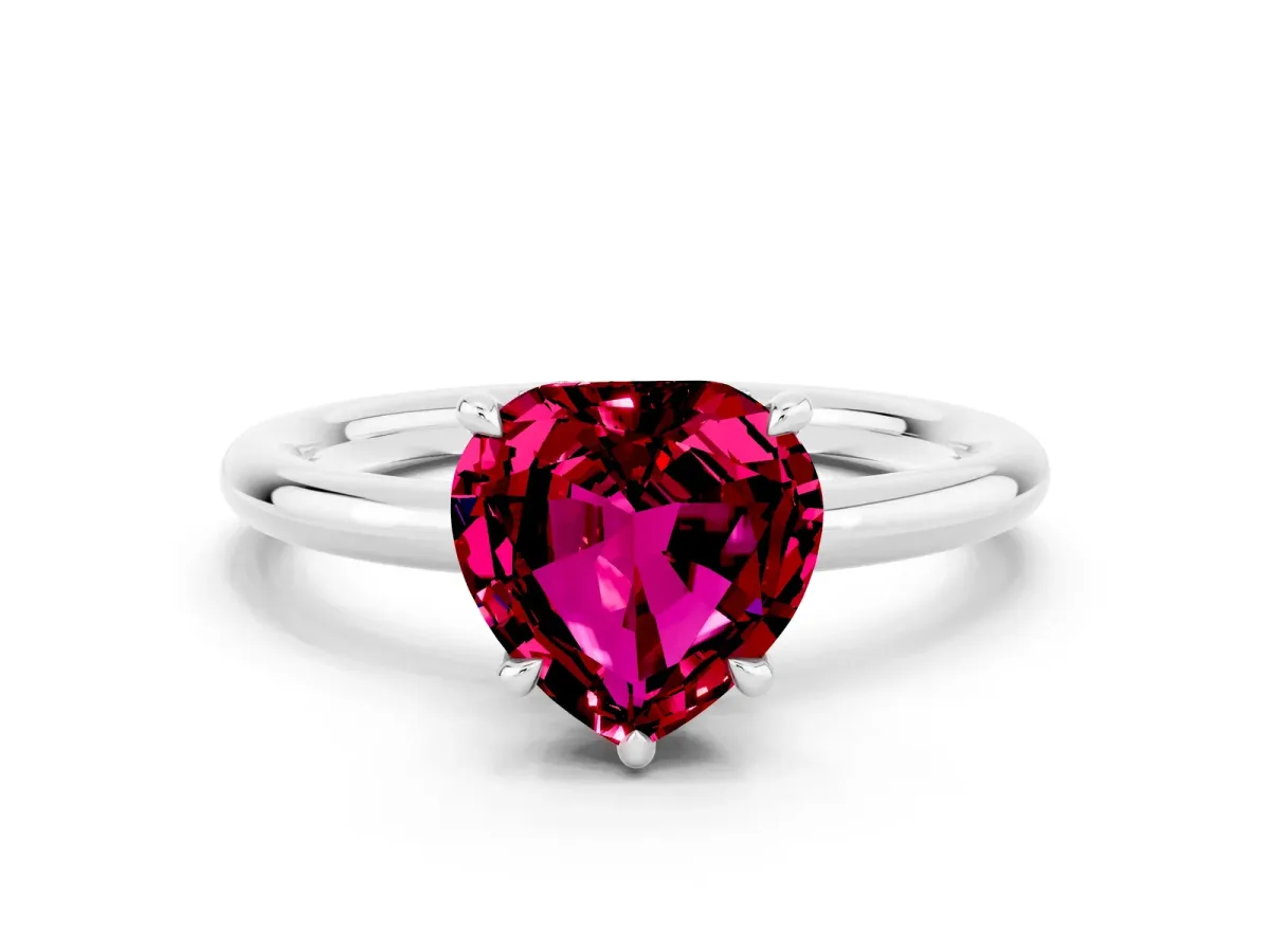 Heart Cut Garnet Solitaire Ring with Thin Band and Four-Prong Setting White gold
