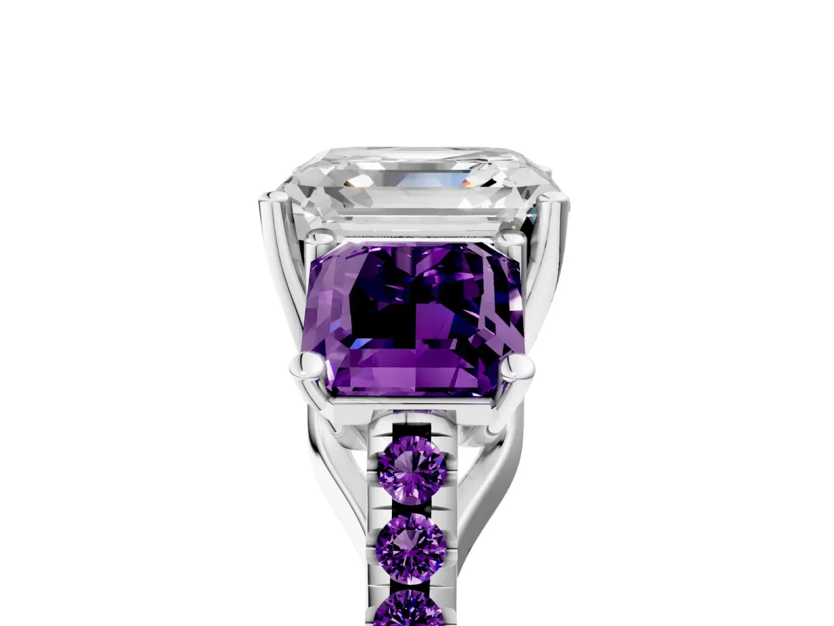 Three-Stone Asscher Cut Diamond Ring with Round Amethyst Pavé Band and Prong Setting Silver