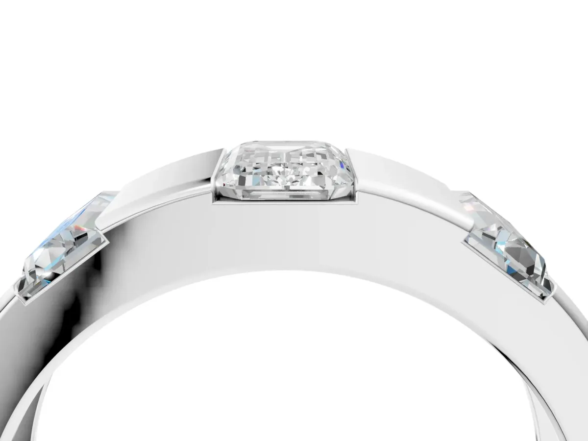 Emerald Cut Diamond Three-Stone Mens Ring with Baguette Side Stones Platinum
