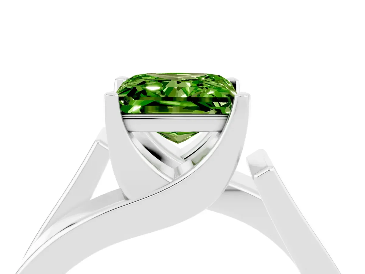 Modern Tension Set Princess Cut Peridot Solitaire Wide Band Ring Silver