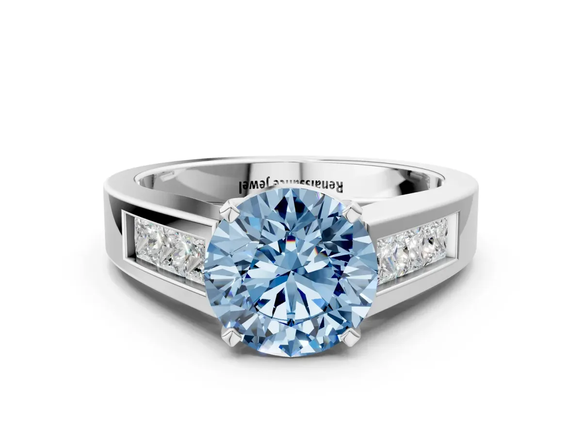 Fancy Blue Round Cut Cut Channel Set Solitaire Ring with Four-Prong Setting Platinum