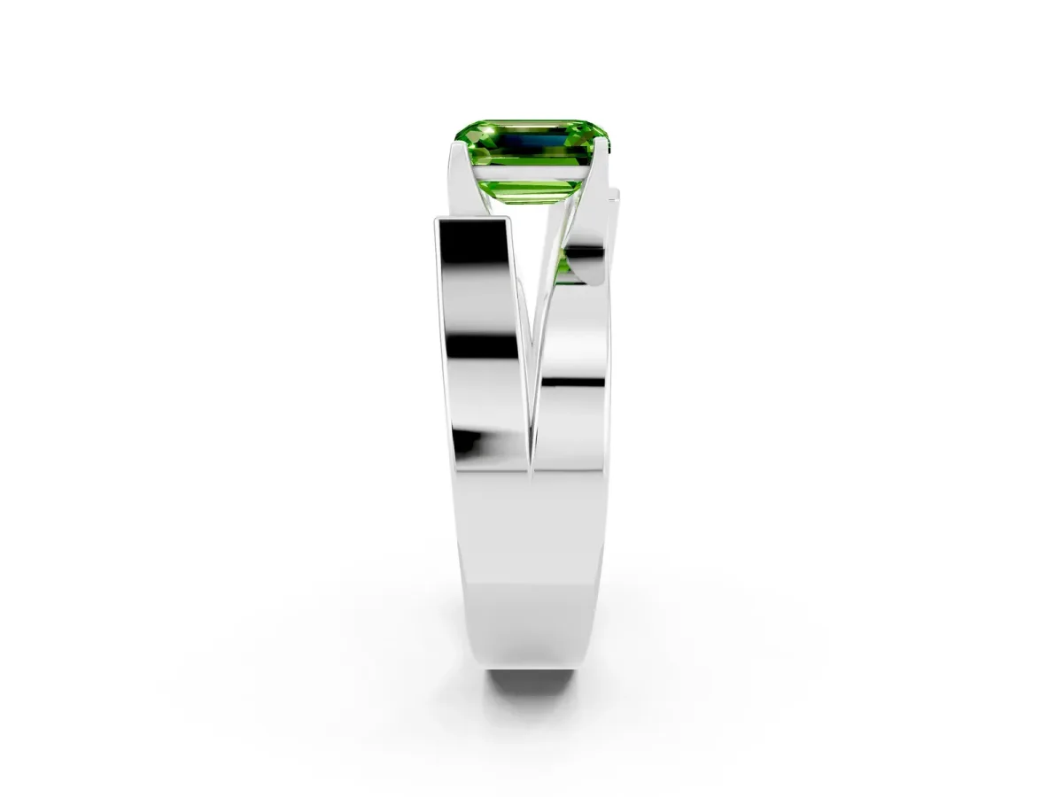 Modern Tension Set Emerald Cut Peridot Solitaire Wide Band Ring Silver