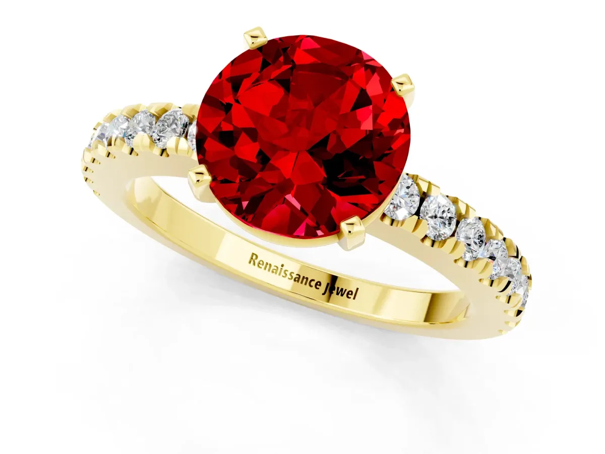 Round Cut Solitaire Ruby with Pavé Band and Four-Prong Setting Yellow gold