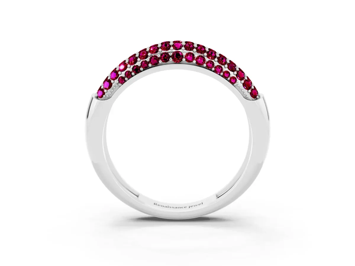 Three-Row Pavé Round Garnet Dome Band Platinum