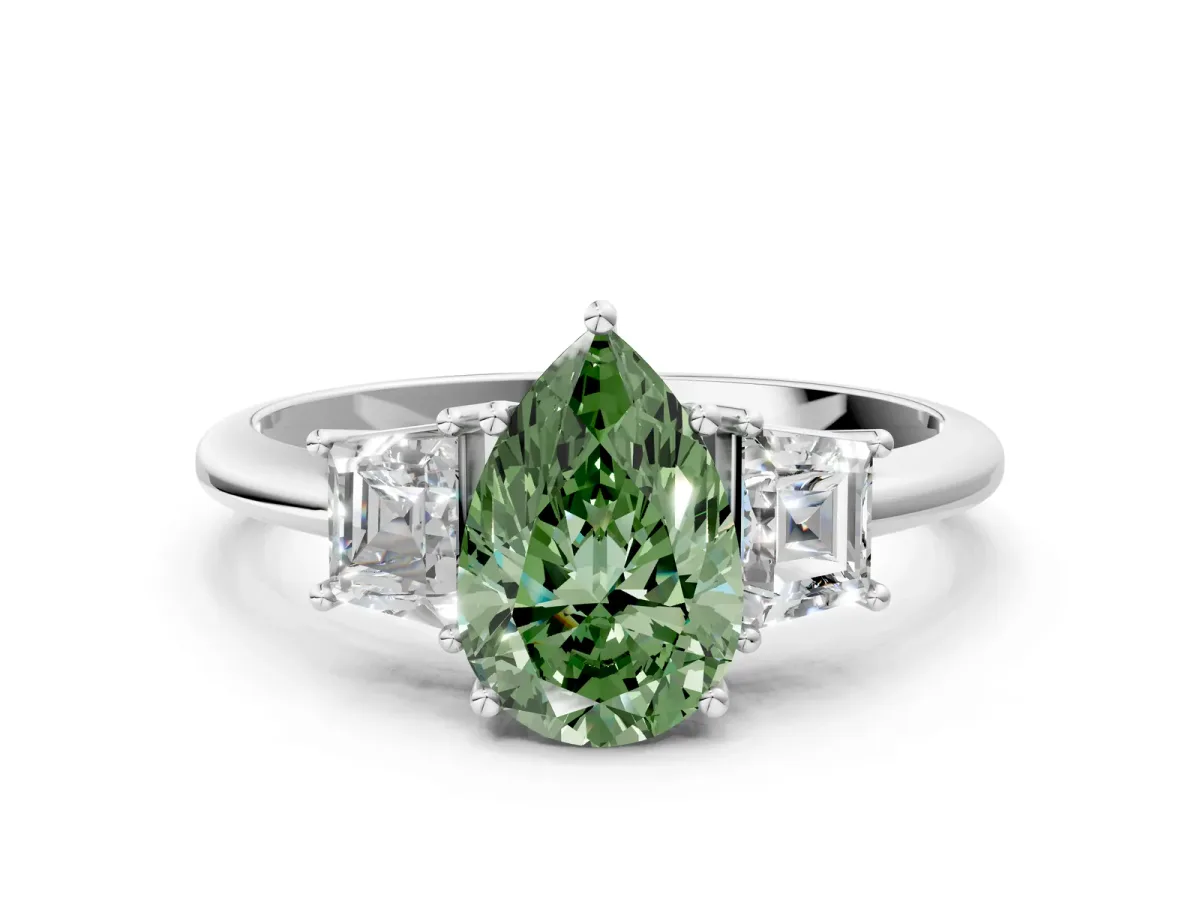 Fancy Green Pear Cut Diamond Three-Stone Ring with Trapezoid Side Stones and Prong Setting Silver