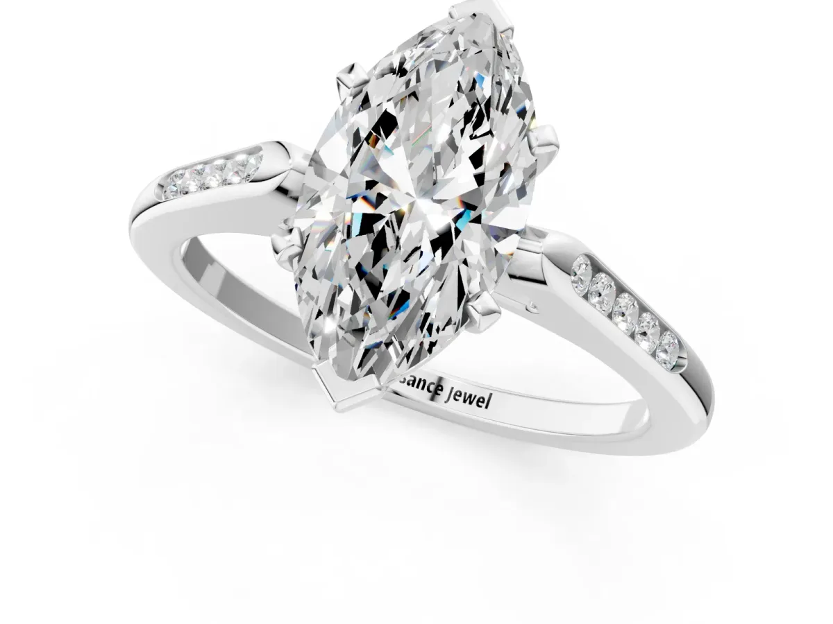 Marquise Cut Diamond Solitaire Ring with Channel Set Round Band and Prong Setting Silver