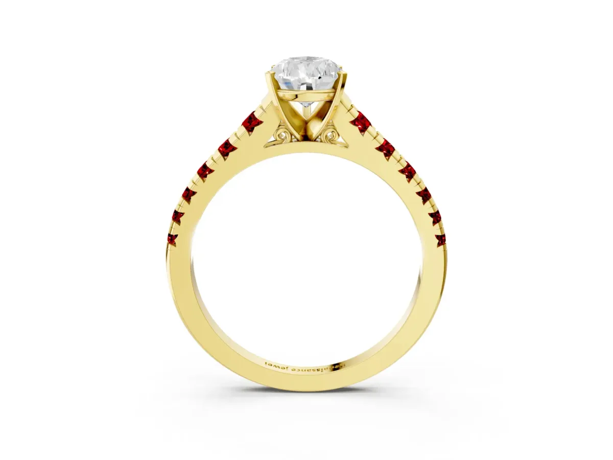 Pear Cut Diamond Cathedral Solitaire Ring with Round Ruby Pavé Band Yellow gold