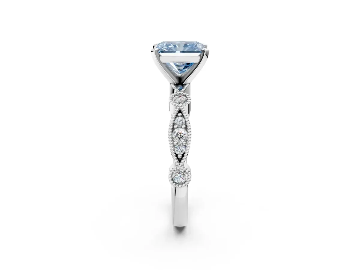 Fancy Blue Radiant Cut Milgrain Bezel Diamond Engagement Ring with Solitaire Prong Setting Platinum