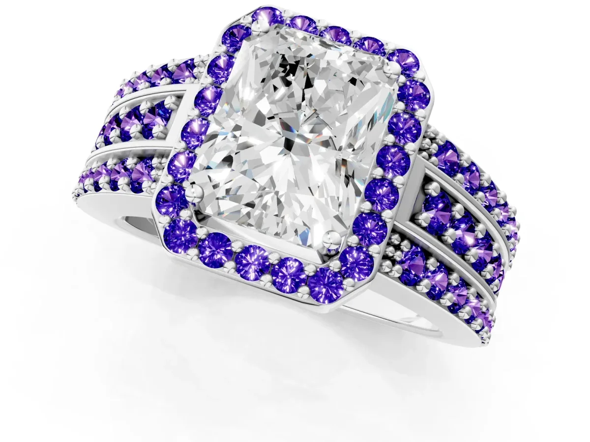 Radiant Cut Halo Diamond Ring with Round Tanzanite Split Shank and Prong Setting Silver