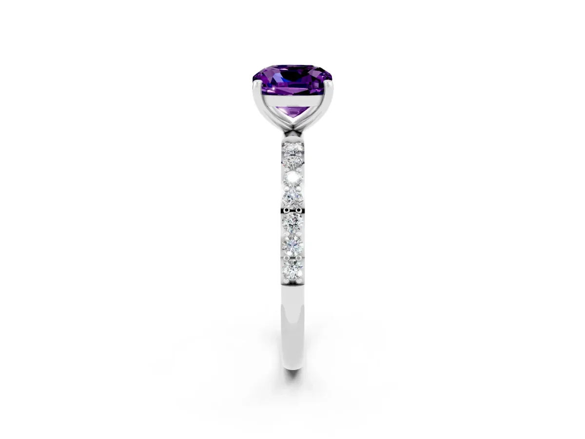 Cushion Cut Amethyst Solitaire Ring with Round Pavé Band and Prong Setting Silver