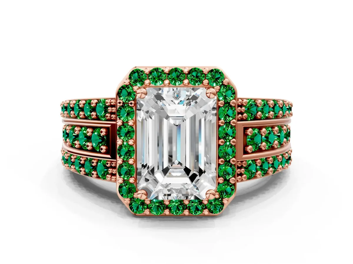 Emerald Cut Halo Diamond Ring with Round Emerald Split Shank and Prong Setting Rose gold