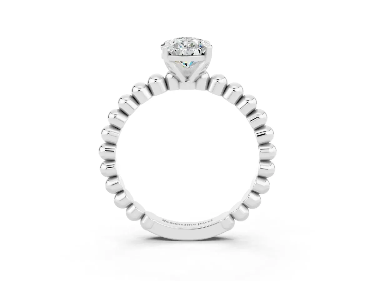 Pear Cut Moissanite Solitaire Ring with Beaded Band and Prong Setting Platinum