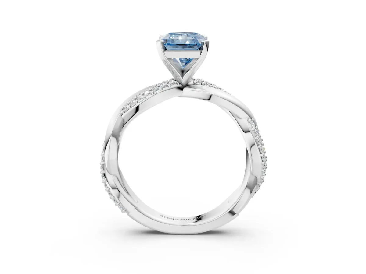 Fancy Blue Radiant Cut Solitaire Twist Band with Pave Prong Setting Platinum