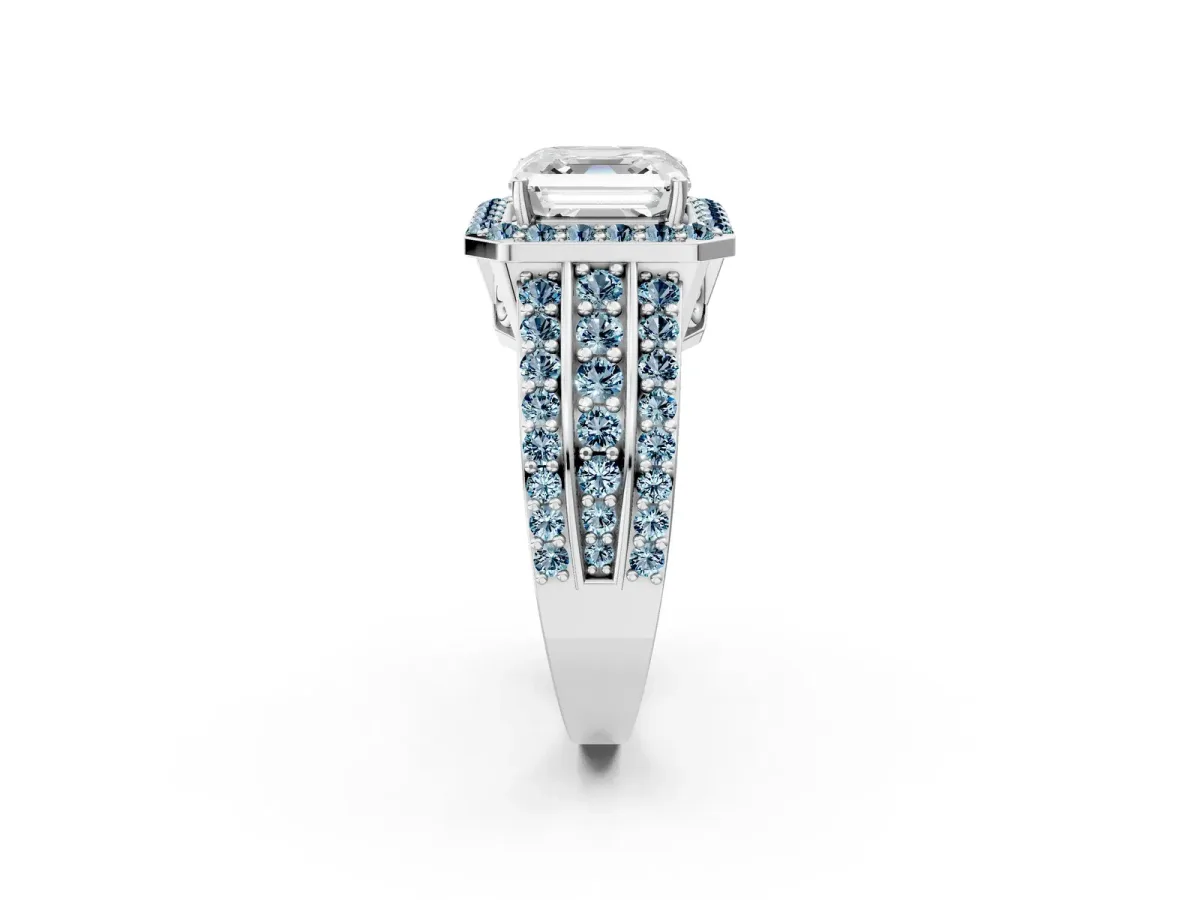 Asscher Cut Halo Diamond Ring with Round Aquamarine Split Shank and Prong Setting Silver