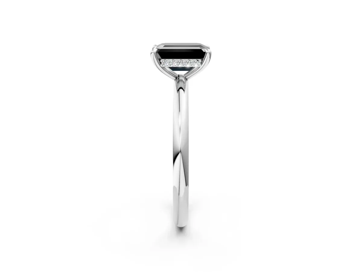 Fancy Black Emerald Cut Diamond Solitaire Ring with Thin Band and Four-Prong Setting Platinum