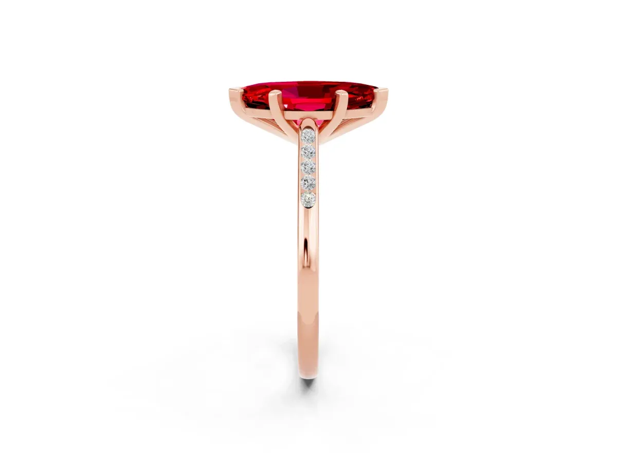 Marquise Cut Ruby Solitaire Ring with Channel Set Round Band and Prong Setting Rose gold