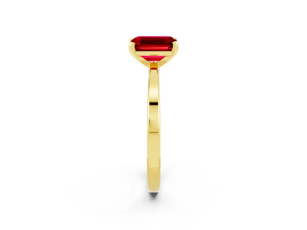 Emerald Cut Ruby Solitaire Engagement Ring with Classic Band and Four-Prong Setting Yellow gold