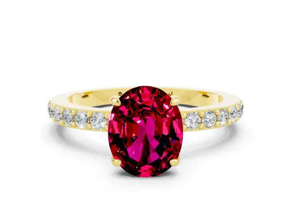 Oval Cut Garnet Solitaire Engagement Ring with Pavé Band and Four-Prong Setting Yellow gold