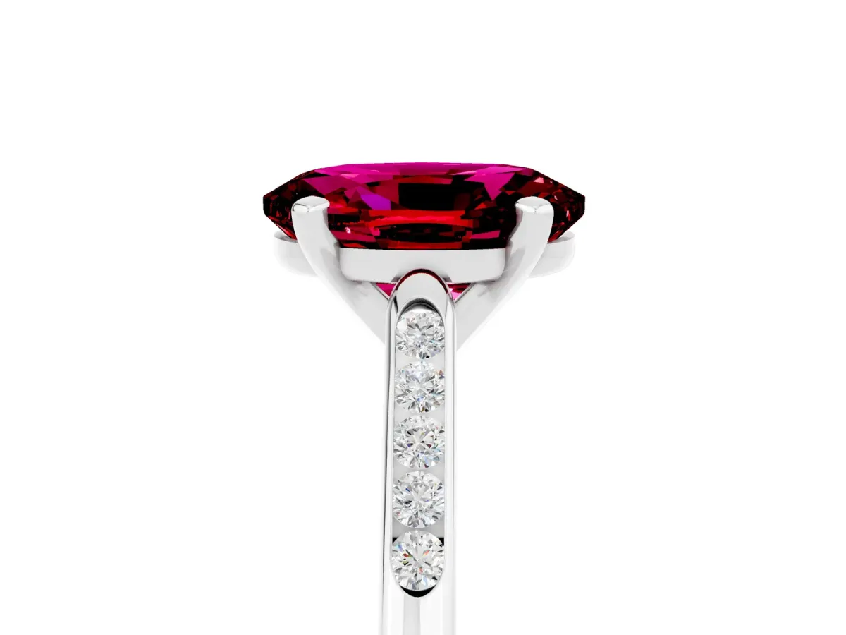 Oval Cut Garnet Solitaire Ring with Channel Set Round Band and Prong Setting Silver