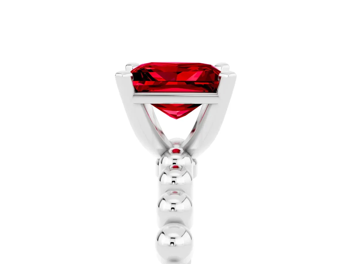Princess Cut Ruby Solitaire Ring with Beaded Band and Prong Setting Platinum