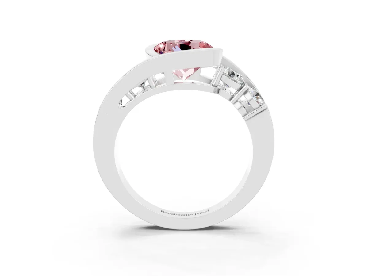 Bezel Set Round Cut Morganite Bypass Ring with Round Accents Silver