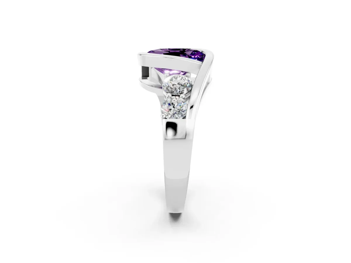 Bezel Set Oval Cut Amethyst Bypass Ring with Round Accents Silver