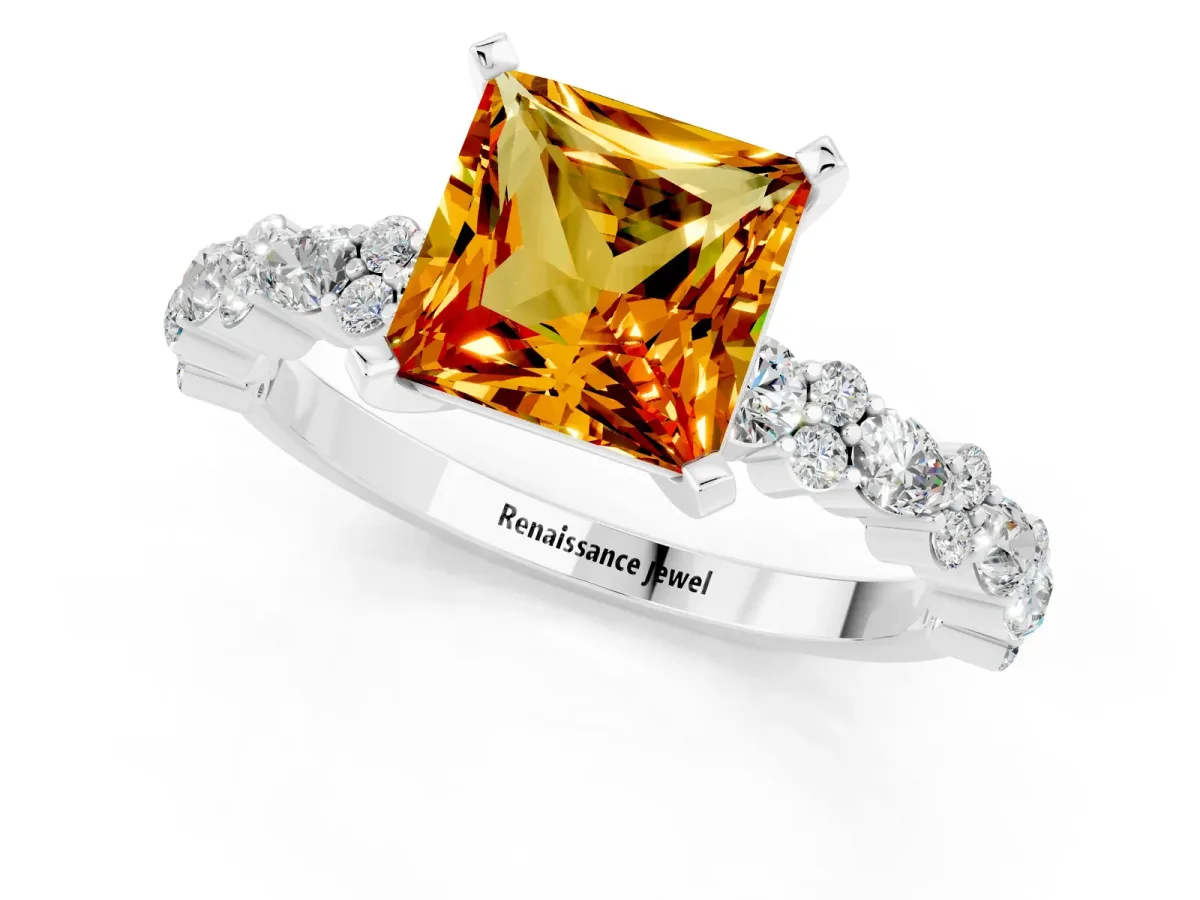 Princess Cut Citrine Side Stone Solitaire Ring with Round and Four-Prong Setting Platinum