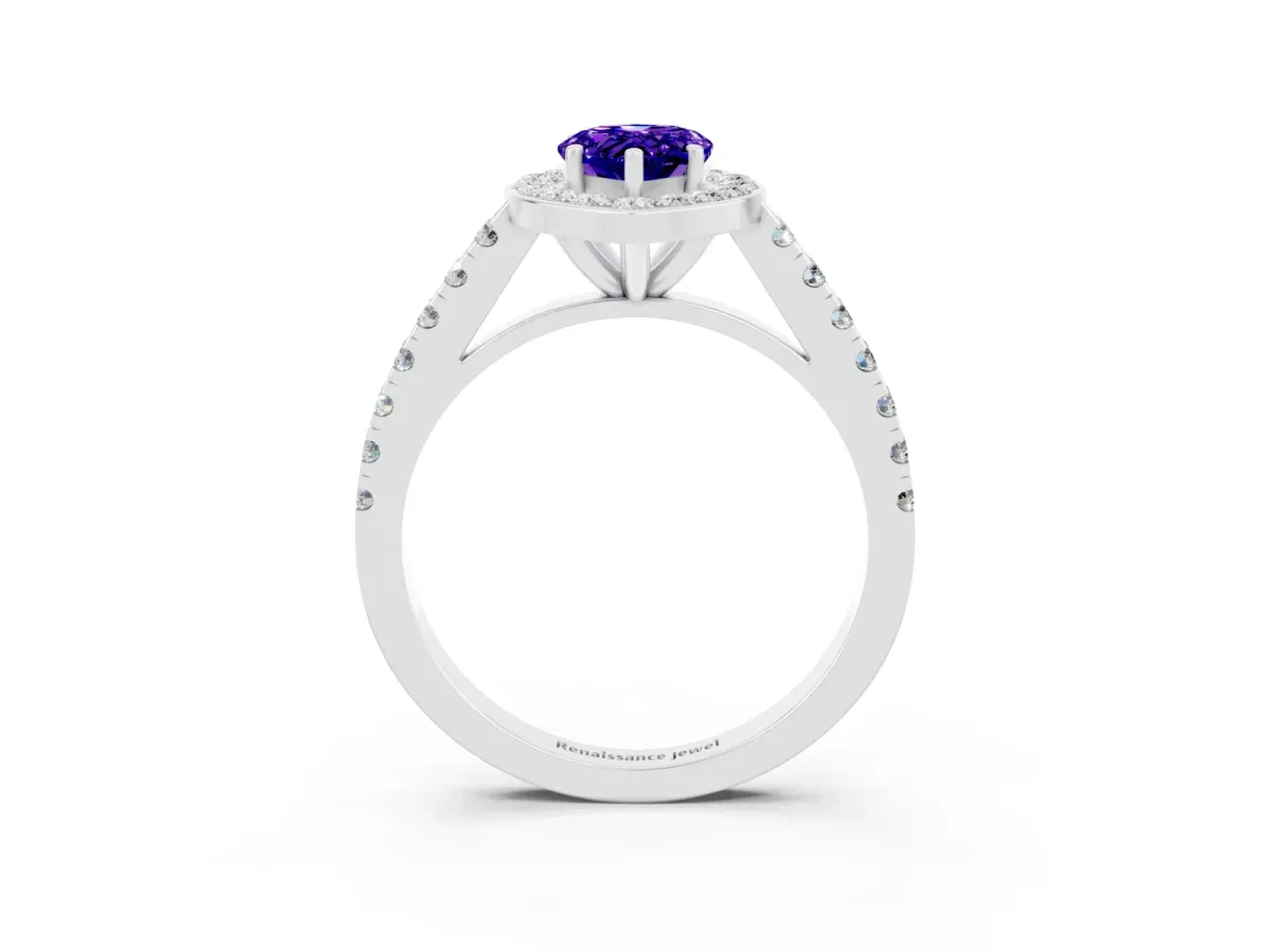 Pear Cut Tanzanite Halo Ring with Round Pavé Split Shank and Prong Setting Platinum