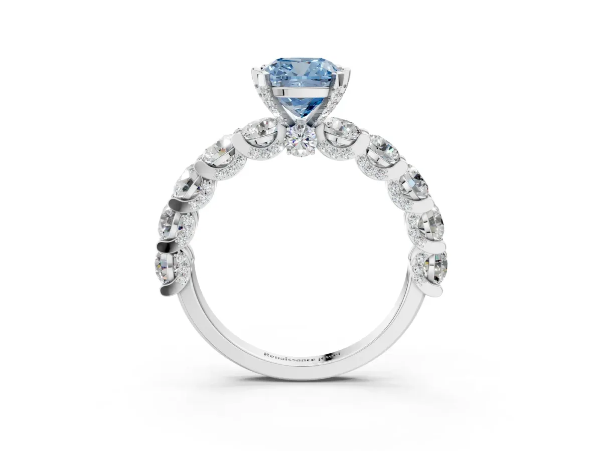 Fancy Blue Cushion Cut Diamond Side Stone Engagement Ring with Four-Prong Setting White gold
