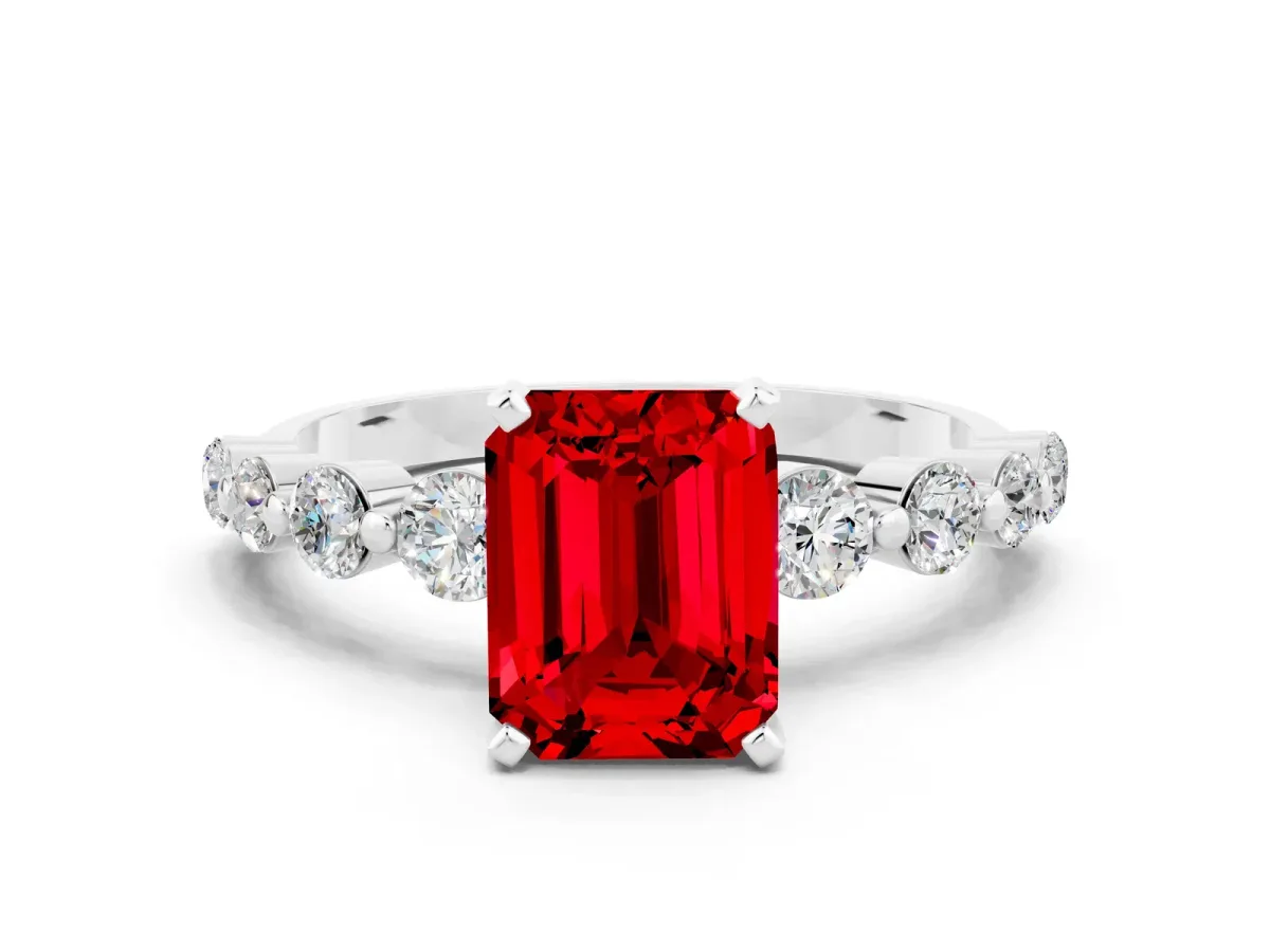 Emerald Cut Solitaire Ruby Ring with Pave Band and Four-Prong Setting Platinum