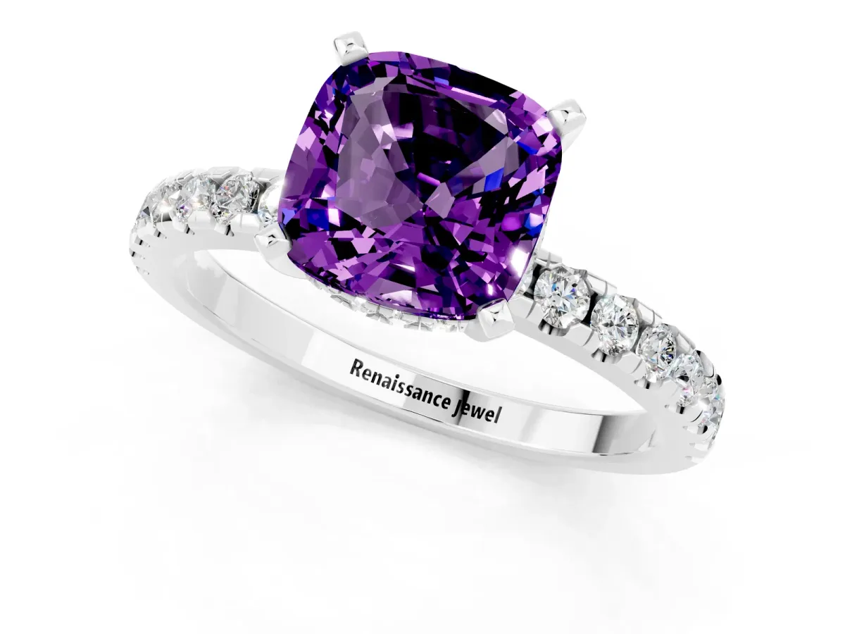 Cushion Cut Amethyst Solitaire Ring with Round Pavé Band and Four-Prong Setting Silver