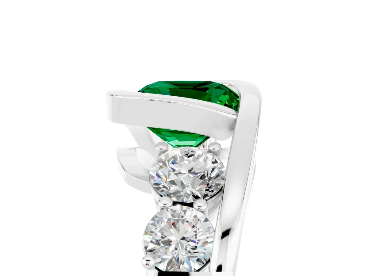Bezel Set Cushion Cut Emerald Bypass Ring with Round Accents Silver
