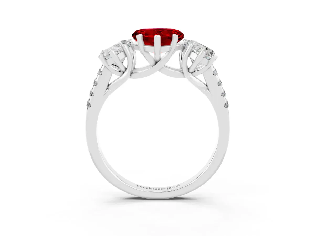 Three-Stone Heart Cut Ruby Ring with Round Pavé Band and Prong Setting White gold