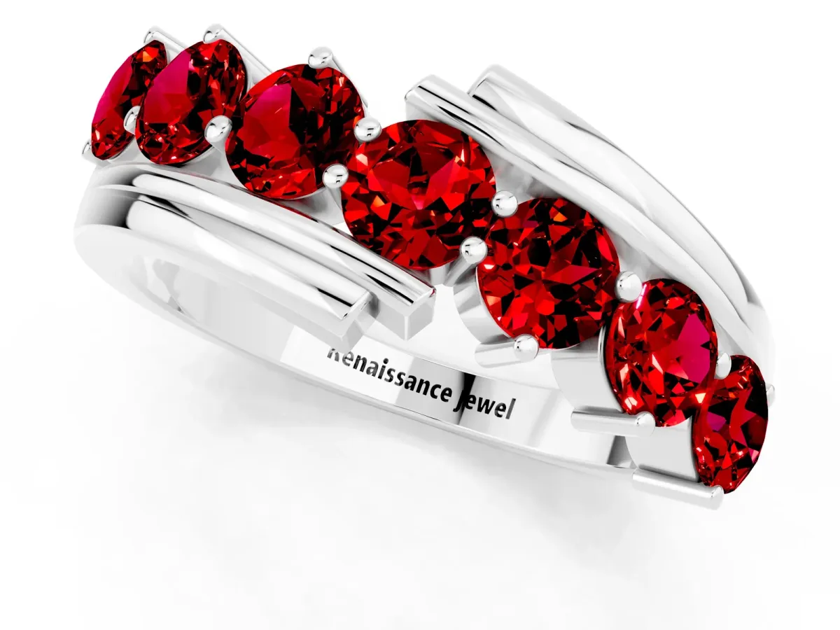 Round Ruby Wave Band with Channel and Shared Prong Setting Platinum