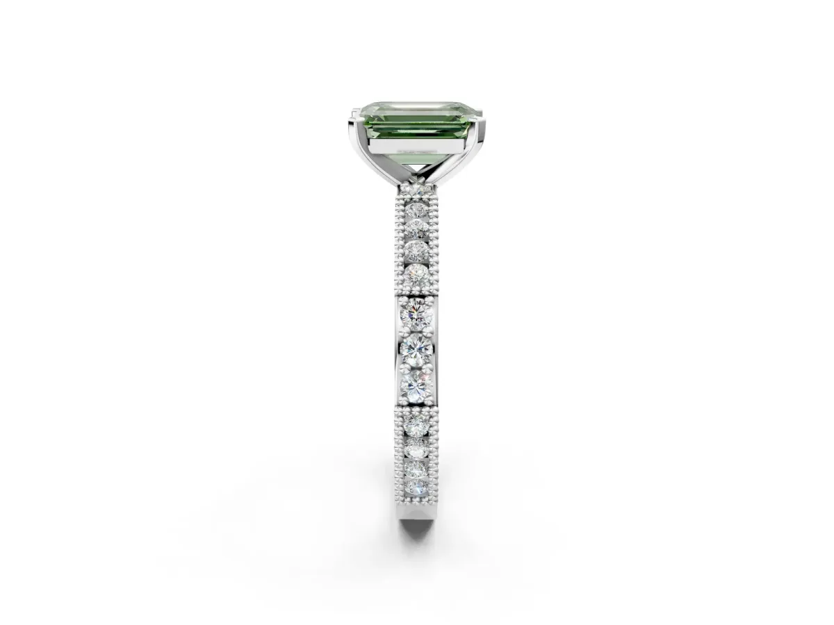 Fancy Green Emerald Cut Solitaire with Pavé Band and Four-Prong Setting Silver