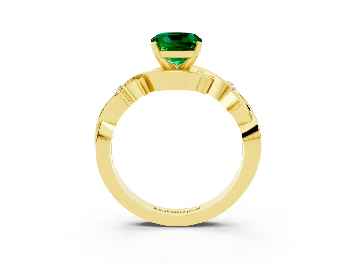 Cushion Cut Emerald Solitaire Ring with Twisted Band and Prong Setting Yellow gold