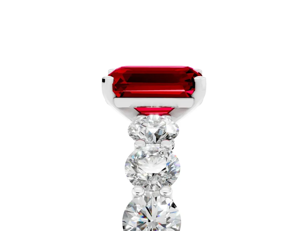 Emerald Cut Ruby Prong Setting with Side Stones on a Pave Band Platinum